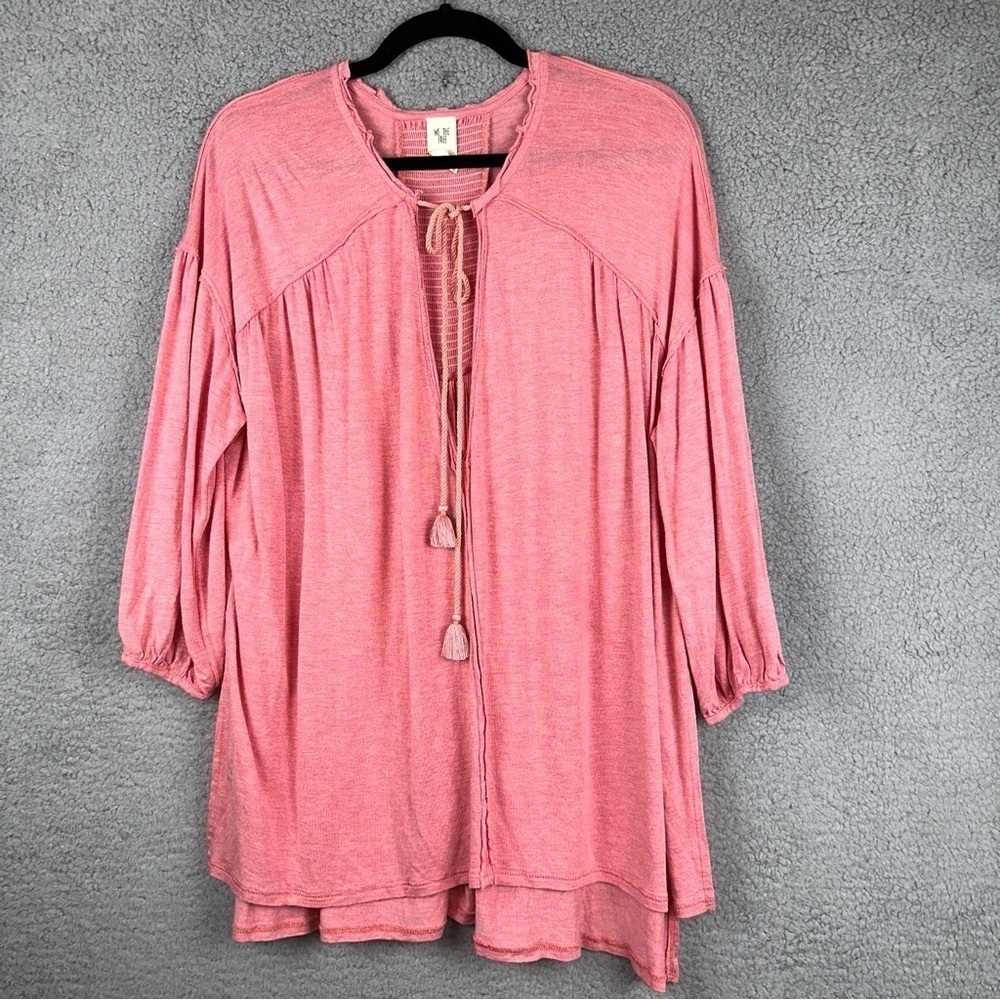 Free‎ People Womens Just A Henley Top Medium Pink Linen Blend Oversized Split